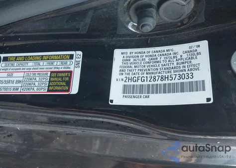 2008 Honda Civic Ex z USA, uszkodzony, nr VIN 2HGFG12878H573033